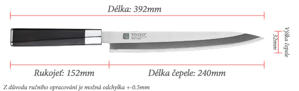 Rozměry nože XinZuo Zhen Sashimi s 240 mm dlouhou čepelí